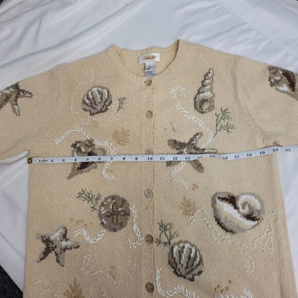 VINTAGE 90s cardigan ivory shell beach button up beaded sweater S - Picture 8 of 9